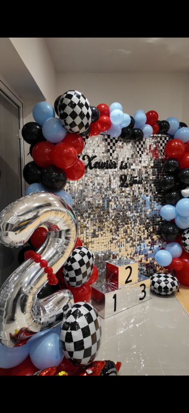'2 Fast' race car themed balloon display for a 2nd birthday!